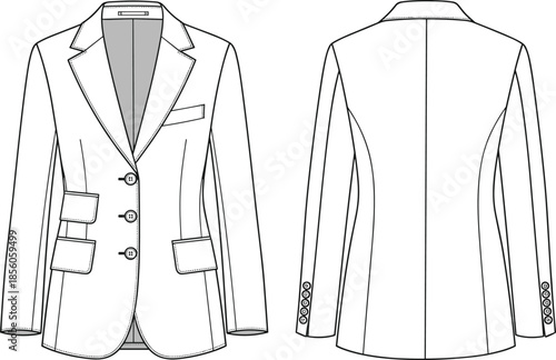 Men tailored blazer technical fashion flat sketch, front and back view formal suit jacket apparel design illustration vector