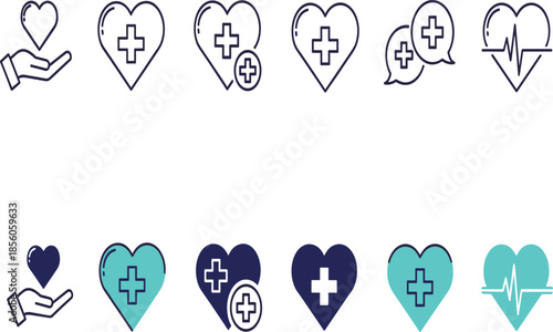 Heart health icon set featuring minimalist outline and flat color illustrations for cardiology medical care and charitable donation
