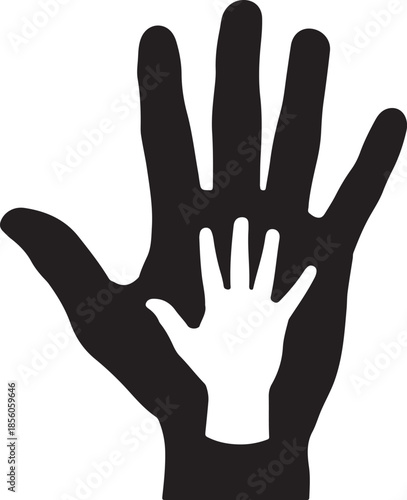 Silhouette of adult hand protecting child hand showing care and support