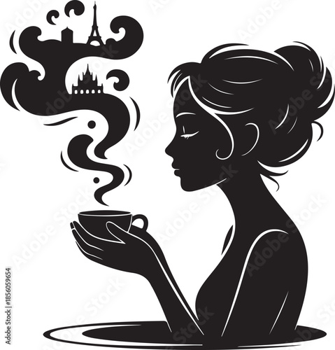 Silhouette of woman dreaming of paris while enjoying coffee