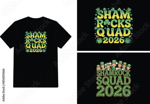 St Patrick s day themed t shirt design with shamrocks and squad text