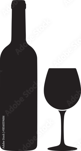 Wine bottle and glass silhouette vector illustration for restaurant menu design