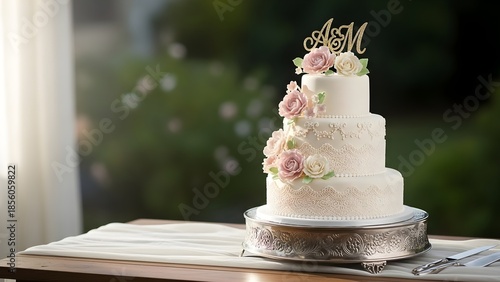Three tiered white wedding cake with pink and white roses and gold monogram on top