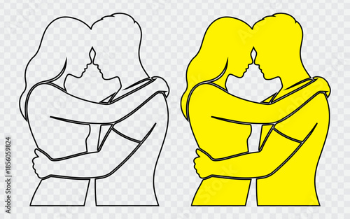 Black silhouette of young couple in romantic embrace standing face to face with heads touching against white background for love theme