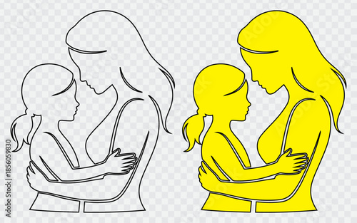 Mother embracing daughter silhouette isolated on white background representing a loving bond and family connection