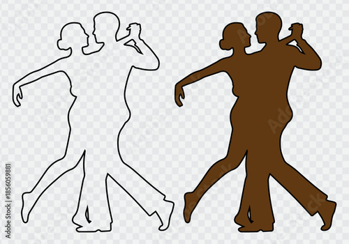 Two dancers silhouette isolated on white background performing a passionate and elegant tango dance pose