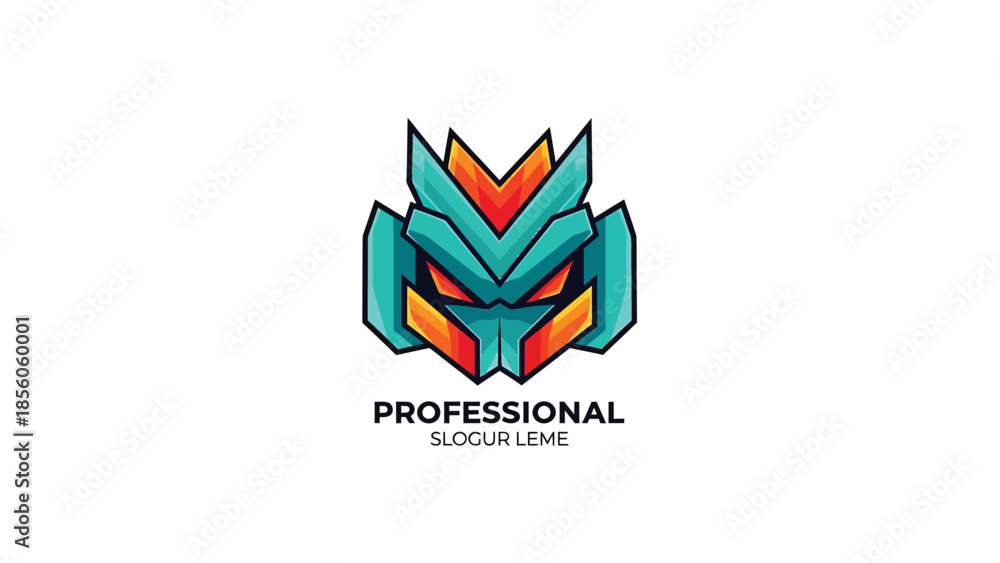 Fototapeta premium Abstract robot head logo design with vibrant colors and sharp edges.