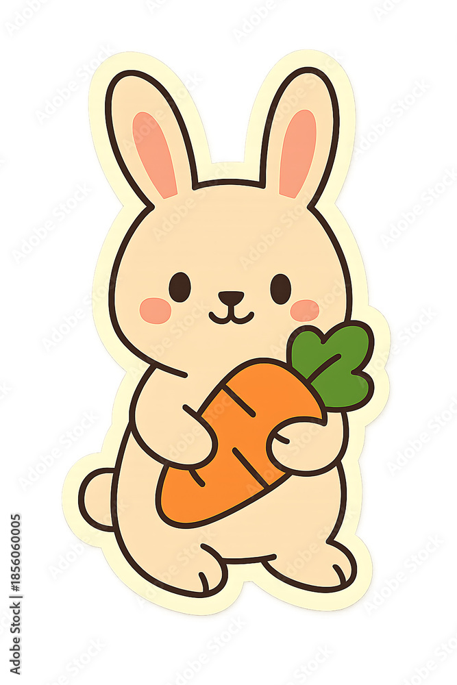 Obraz premium Cute cartoon vector illustration of a happy white easter bunny with a pink egg and a funny hare rabbit holding a carrot, isolated animal character for a spring holiday art