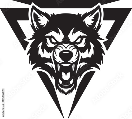 Aggressive wolf head illustration, wild animal mascot, fierce predator, tribal geometric background