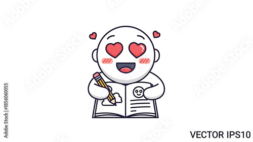 Adorable cartoon character with heart eyes writing in a notebook with pencil.