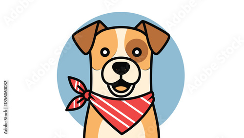 Adorable cartoon dog wearing a red bandana, smiling with joy and happiness.