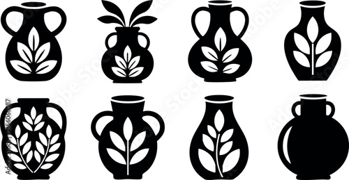 Black silhouette ancient vases with leaf patterns vector illustration design 