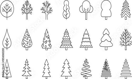 Minimalist tree icon set featuring various outline silhouettes of deciduous evergreens and stylized Christmas trees for nature design