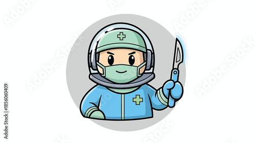 Cartoon astronaut doctor holding scalpel ready for surgery in space.