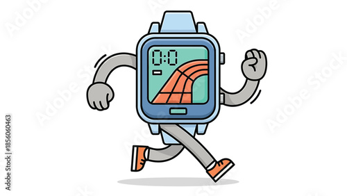 Animated smartwatch character running on a track, fitness and technology concept.