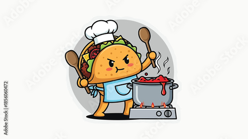 Animated taco chef cooking delicious food with intense focus and determination.
