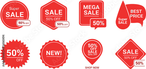 Red promotional sale badge set featuring super sale mega sale fifty percent off and best price discount stickers