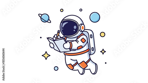 Astronaut in space writing notes, observing planets and stars, creative illustration.