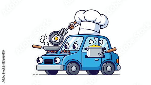 Cartoon car chef cooking food with frying pan and pot, creative illustration.