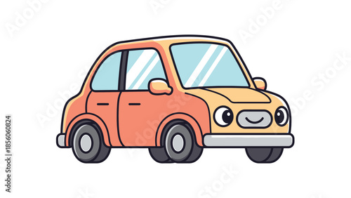 Cartoon car illustration with a smiling face, perfect for childrens designs and playful projects.