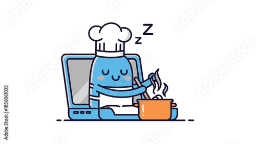 Cartoon chef robot cooking inside a laptop screen with closed eyes and sleeping.