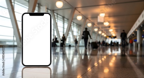 Wallpaper Mural Smartphone mock-up with blank white screen on airport terminal background showing blurred passengers and modern architecture to illustrate app promotion Torontodigital.ca