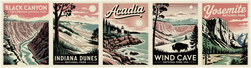 Horizontal set of five vintage style national park posters with minimalist art deco landscapes including Indiana Dunes, Black Canyon,  Acadia  Wind Cave and Yosemite.