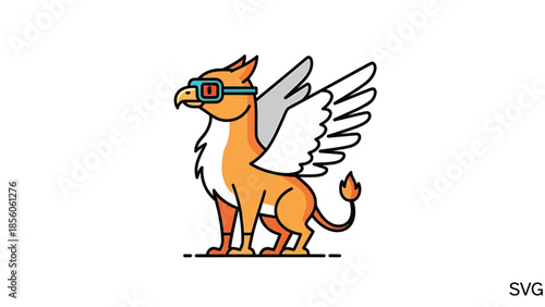 Cartoon griffin wearing glasses, a mythical creature with wings, looking forward.