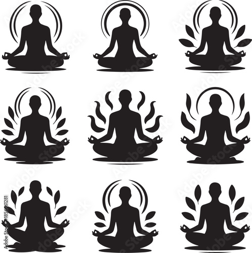 Nine meditation and yoga poses in minimalist silhouette style