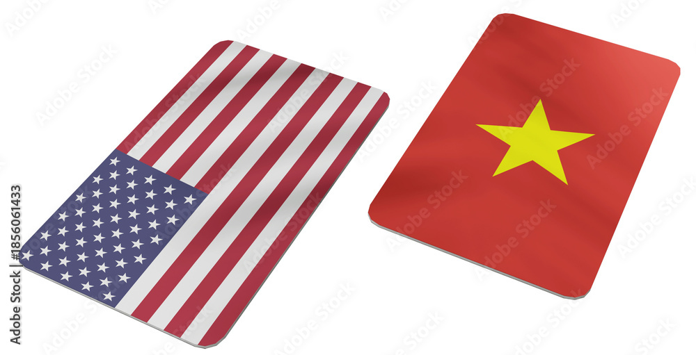 Obraz premium A Visual Representation of the Flags of the United States and Vietnam, Depicted as Two Overlapping Cards on a Textured Gray Background, Symbolizing International Relations
