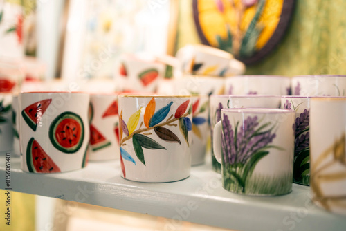 Handmade ceramic mugs with colorful hand painted patterns.