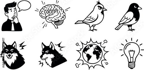 Human Brain Concept Thinking Bird and Wolf Icon Set Vector Illustration 