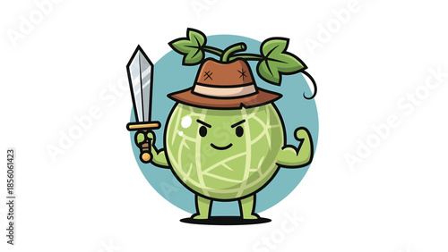 Cartoon melon warrior with a sword and a determined expression, ready for action.