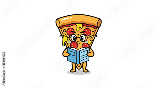 Cartoon pizza slice with glasses reading a book, studying and learning.