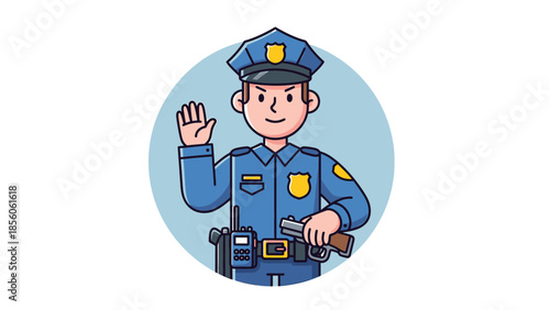 Cartoon police officer in uniform raising hand to stop traffic.