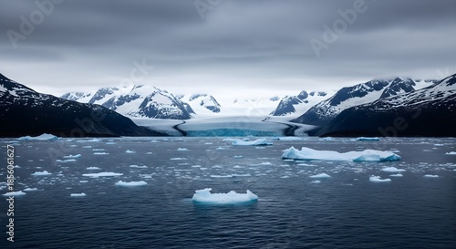 Majestic Icy Landscape of Alaska Glacier and Icebergs on Water Under Grey Cloudy Sky a Scenic View of Mountains and Wilderness Adventure Travel in Cold Remote Area