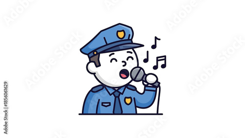 Cartoon police officer singing into a microphone with musical notes floating around.