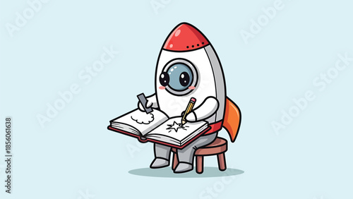 Cartoon rocket character drawing in a notebook with a pencil, creative concept.