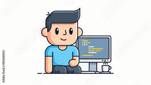 Cartoon programmer working on computer, coding and developing software, smiling and focused.