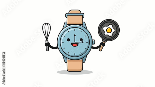 Cartoon watch character holding whisk and frying pan with egg, cooking concept.