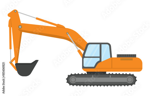 Orange excavator with black bucket on white background