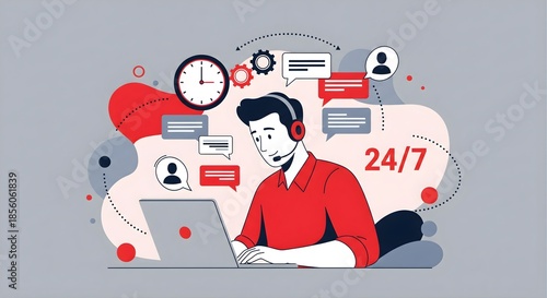 Customer Support Operator Wearing Headset Working on Laptop 24/7 Service Online Assistance Technical Support Concept Vector Illustration of Professional Help Desk
