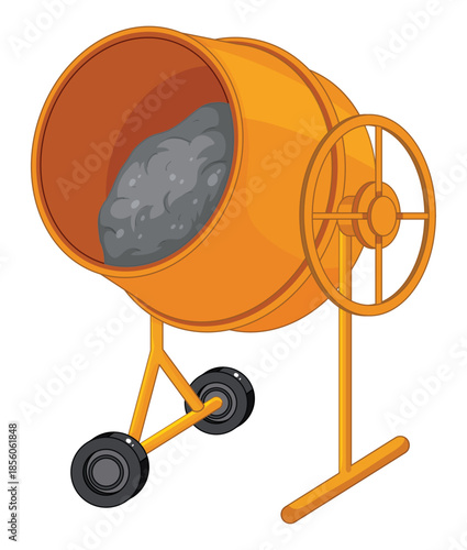 Orange concrete mixer with gray cement mixture cement mixer