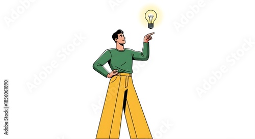 Man Pointing Upward at Glowing Light Bulb Symbolizing Great Idea Creative Thinking and Inspiration Concept Vector Illustration of Innovation Breakthrough