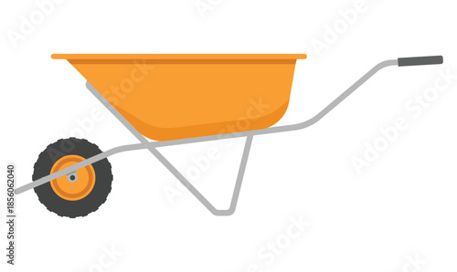 Orange wheelbarrow with gray wheel cart garden