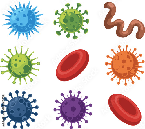 Colorful virus bacteria worm and blood cell icons medical microbiology elements isolated white background flat vector illustration set
