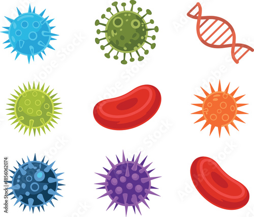 Colorful virus bacteria dna and blood cell icons medical microbiology elements isolated white background flat vector illustration design set