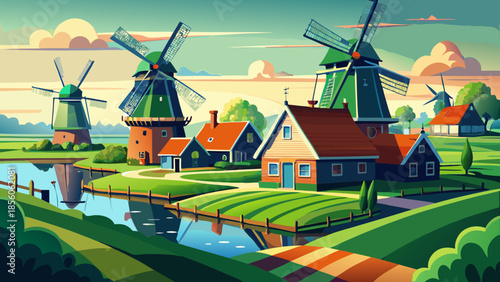 Very beautiful view of traditional windmills at Zaanse Schans, framed by green fields and waterways, offering a timeless glimpse into classic Dutch rural life and historic craftsmanship.