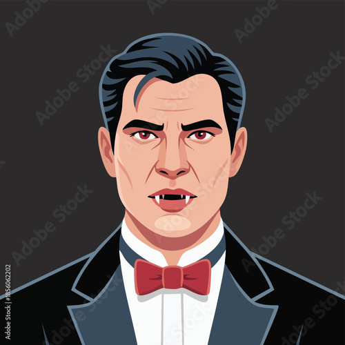 Elegant man in tuxedo with red bow tie illustration.