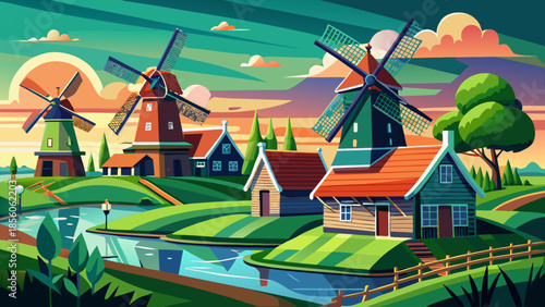 Very beautiful view of traditional windmills at Zaanse Schans, framed by green fields and waterways, offering a timeless glimpse into classic Dutch rural life and historic craftsmanship.